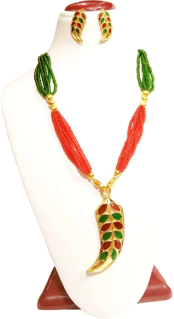Assamese_Traditional_Gold_Plated_Red_Green_Colour_Pendant_Tassel_Set_For_Women